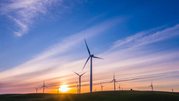 Windmolenpark met zonsondergang
