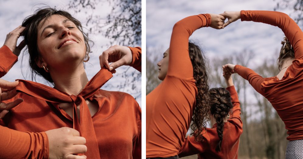 Vrouw met oranje top modeshoot